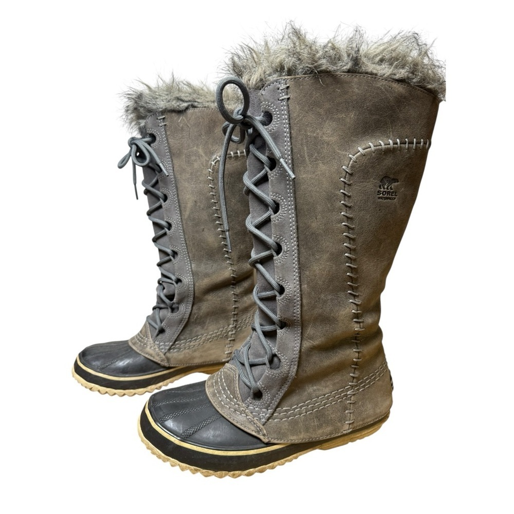 Sorel Cate The Great Tall Waterproof Leather Winter Snow Boots Wmn’s Size 6 Grey - Picture 3 of 12